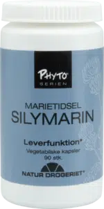 En flaske kosttilskud mærket "Phyto serien MARIETIDSEL SILYMARIN Leverfunktion" fra NATUR-DROGERIET med vegetabilske kapsler, 90 stk.