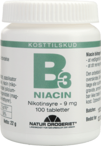A bottle of B3 Niacin dietary supplement containing 100 tablets, each with 9 mg of Nikotinsyre (Nicotinic acid). The label includes the branding 'NATUR DROGERIET' and informational text in a Scandinavian language.