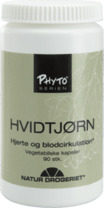 A bottle of PhytoSERIEN Hvidtjørn dietary supplements for heart and blood circulation with 90 vegetarian capsules, produced by Natur-Drogeriet.