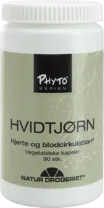 A bottle of PhytoSERIEN Hvidtjørn dietary supplements for heart and blood circulation with 90 vegetarian capsules, produced by Natur-Drogeriet.