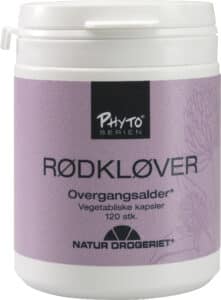 A container of Phyto Serien Red Clover (RØDKLØVER) menopause supplement with 120 vegetable capsules by Natura Drogeriet.
