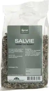 A plastic bag of dried sage leaves labeled "SALVIE" from the Natur-serien brand. The label includes product information in a foreign language and a barcode.